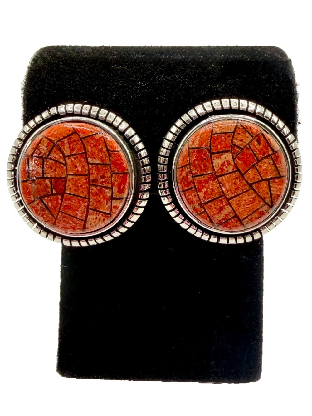 Melissa Yazzie Sterling Silver Inlay Spiny Oyster Shell Clip On Earrings Navajo
